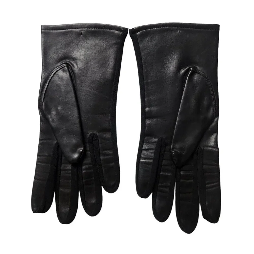 Vtg Made in Japan Black Beaded Vinyl Gloves Womens One Size Stretch Size 6.6-7